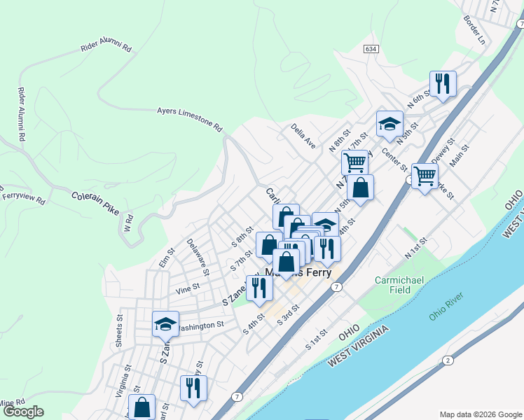 map of restaurants, bars, coffee shops, grocery stores, and more near 810 Hanover Street in Martins Ferry