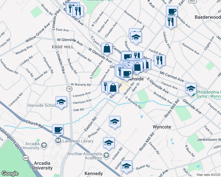 map of restaurants, bars, coffee shops, grocery stores, and more near 151 Harrison Avenue in Glenside