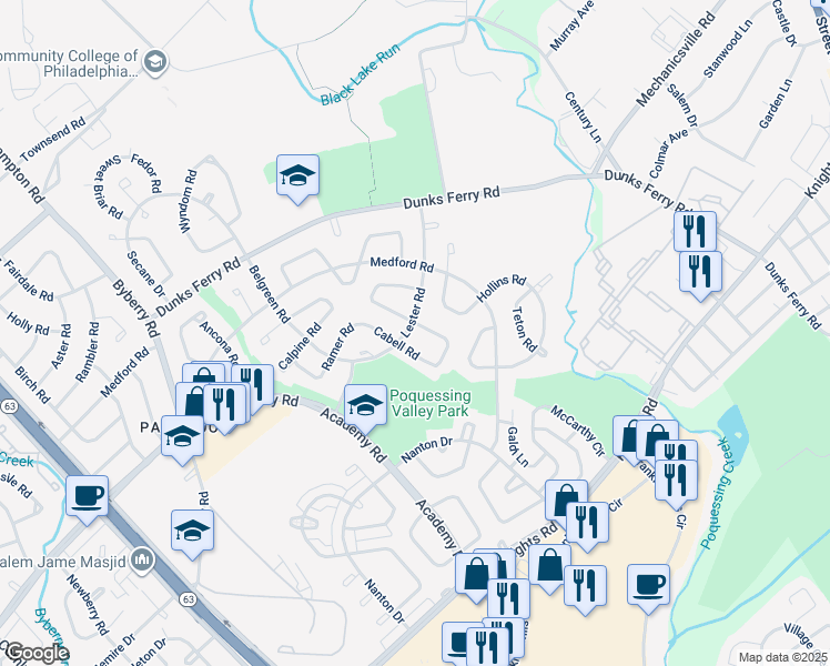 map of restaurants, bars, coffee shops, grocery stores, and more near 3405 Lester Road in Philadelphia