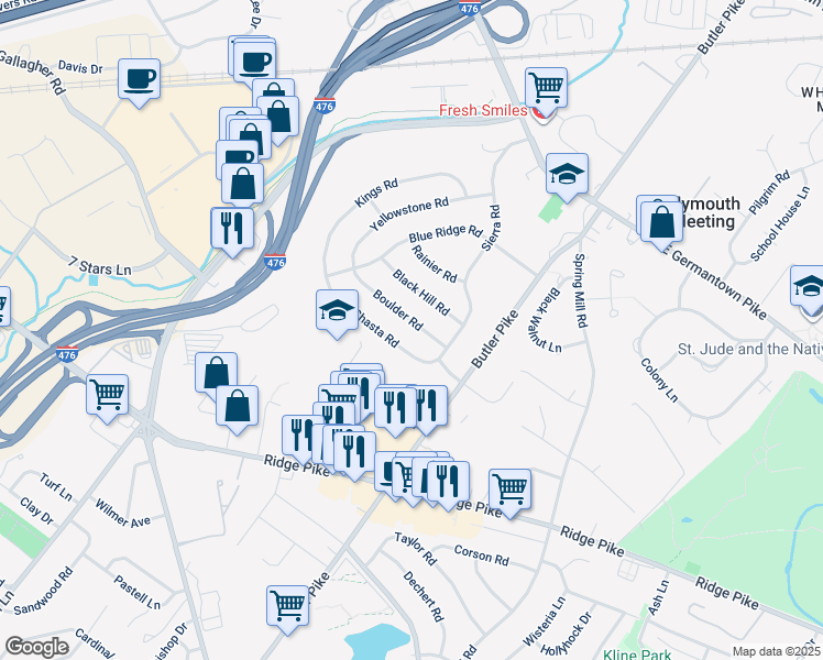 map of restaurants, bars, coffee shops, grocery stores, and more near 109 Boulder Road in Plymouth Meeting