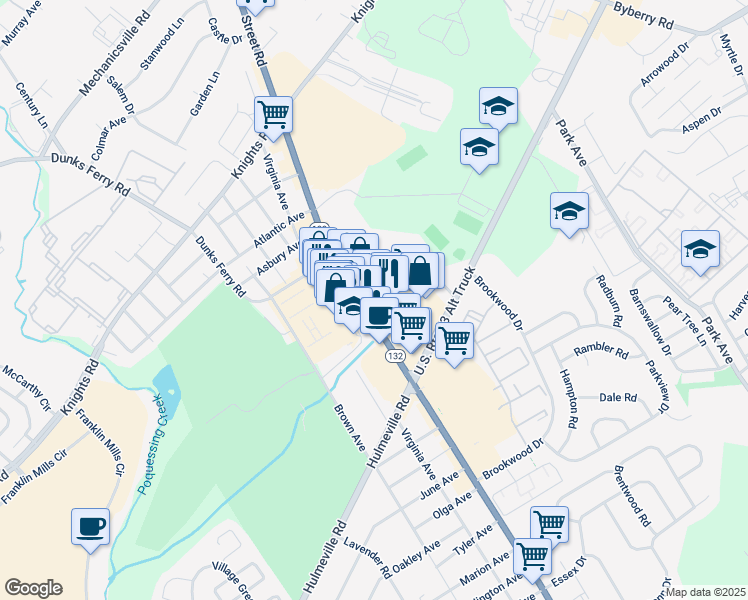 map of restaurants, bars, coffee shops, grocery stores, and more near 2060 Hansell Drive in Bensalem