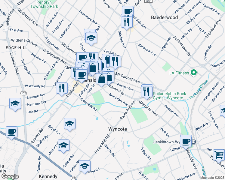 map of restaurants, bars, coffee shops, grocery stores, and more near 220 East Glenside Avenue in Glenside