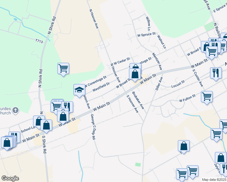 map of restaurants, bars, coffee shops, grocery stores, and more near 524 West Broad Street in New Holland