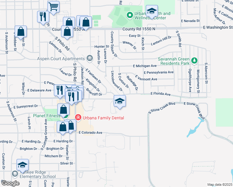 map of restaurants, bars, coffee shops, grocery stores, and more near 1601 Lincolnwood Drive in Urbana