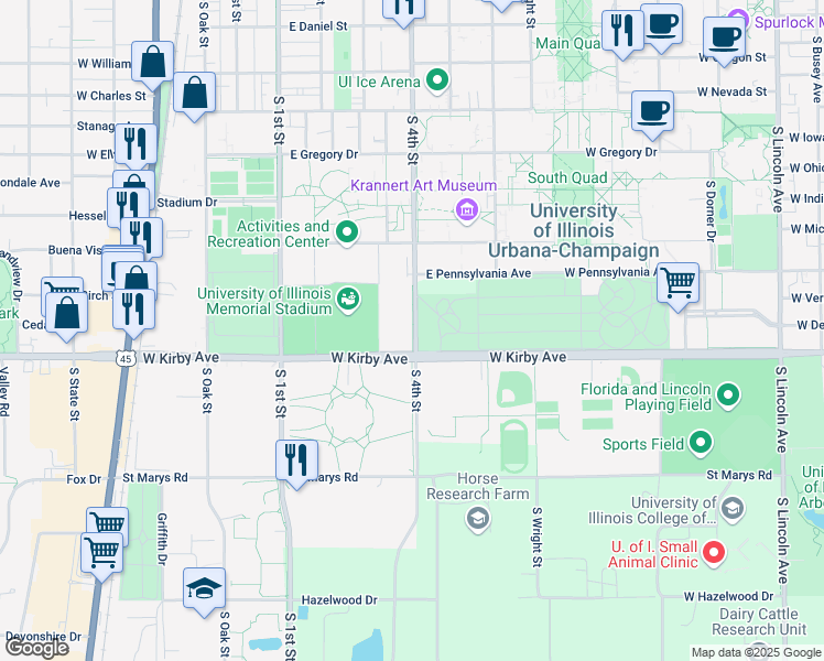 map of restaurants, bars, coffee shops, grocery stores, and more near 1454 South 4th Street in Champaign
