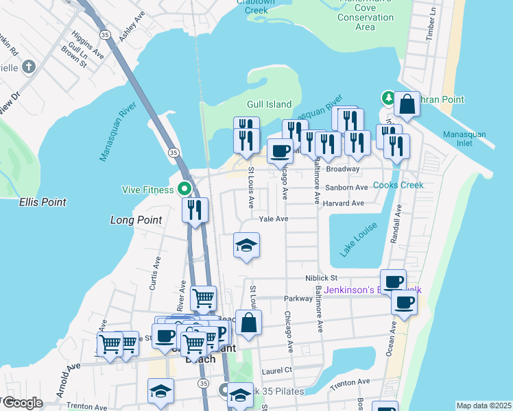 map of restaurants, bars, coffee shops, grocery stores, and more near 105 Dartmouth Avenue in Point Pleasant Beach