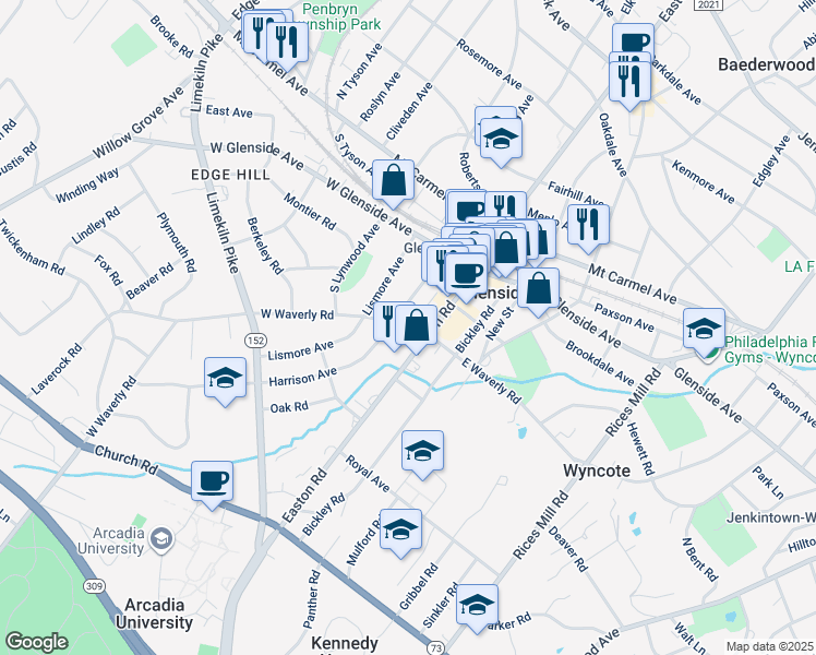 map of restaurants, bars, coffee shops, grocery stores, and more near 20 West Waverly Road in Glenside