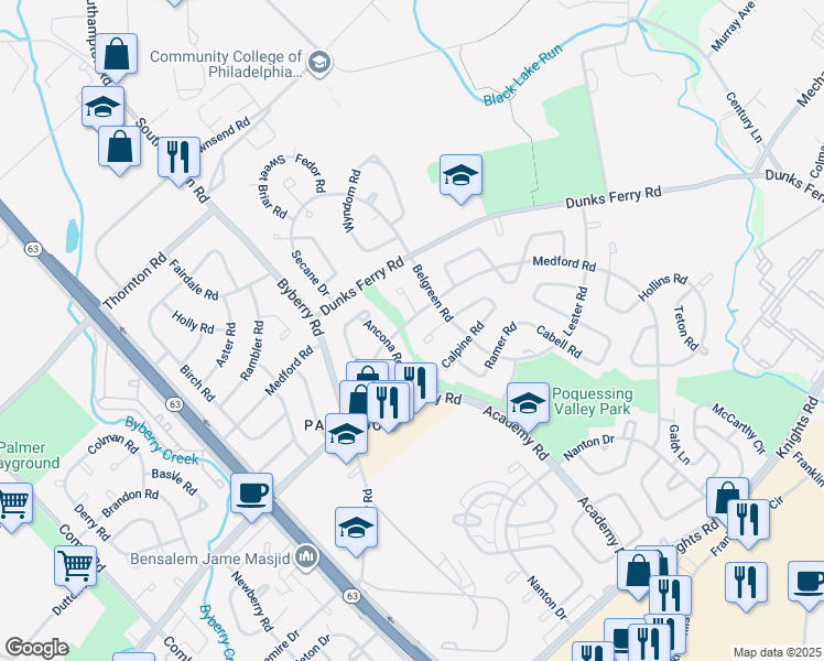map of restaurants, bars, coffee shops, grocery stores, and more near 12503 Medford Road in Philadelphia