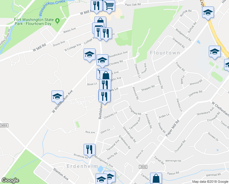 map of restaurants, bars, coffee shops, grocery stores, and more near 12 Haws Ln in Flourtown