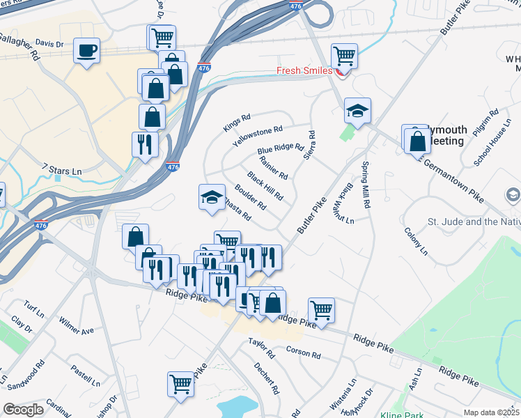 map of restaurants, bars, coffee shops, grocery stores, and more near 109 Boulder Road in Plymouth Meeting