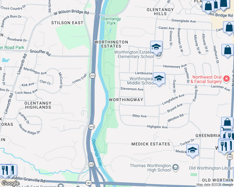 map of restaurants, bars, coffee shops, grocery stores, and more near 6605 Masefield Street in Worthington
