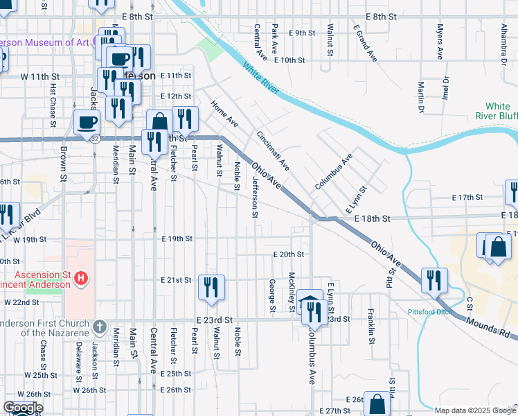 map of restaurants, bars, coffee shops, grocery stores, and more near 1710 Jefferson Street in Anderson