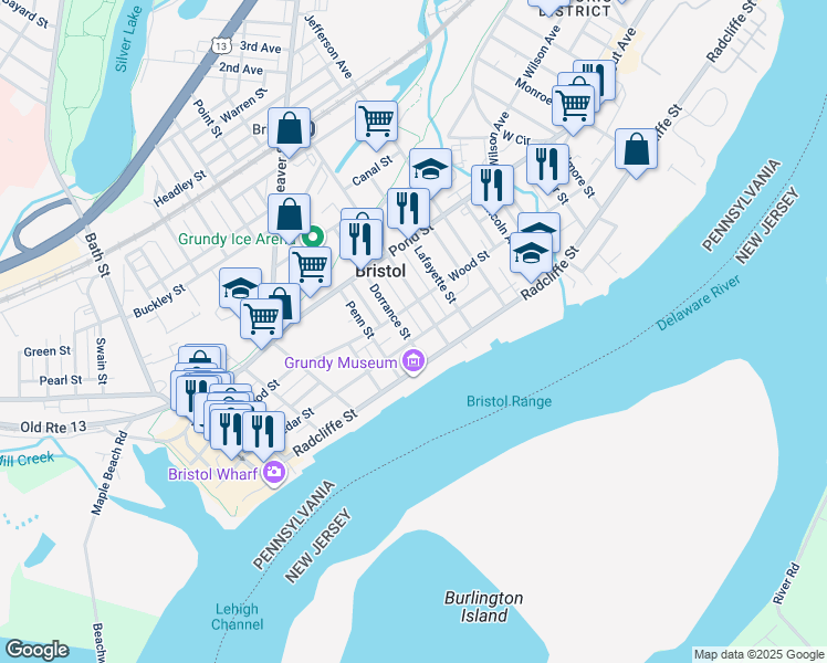 map of restaurants, bars, coffee shops, grocery stores, and more near 217 Washington Street in Bristol