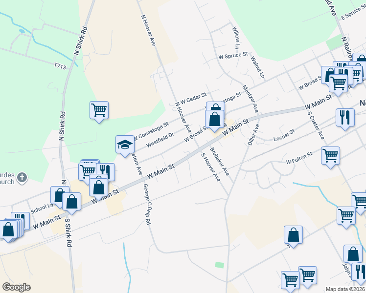 map of restaurants, bars, coffee shops, grocery stores, and more near 517 West Broad Street in New Holland