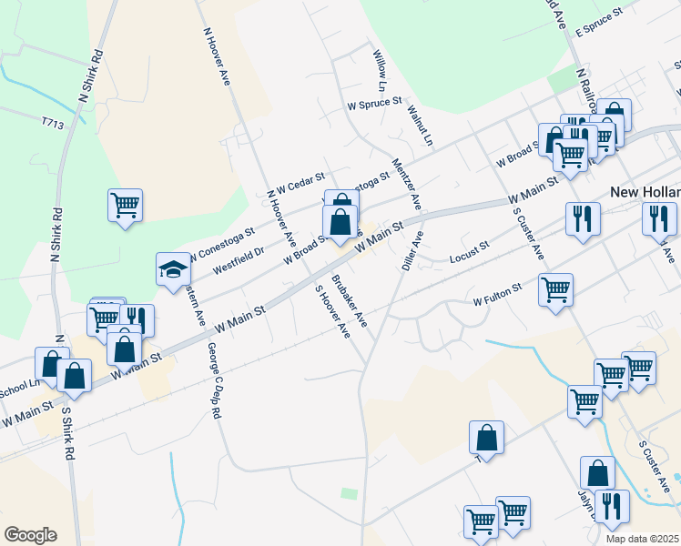 map of restaurants, bars, coffee shops, grocery stores, and more near 438 West Main Street in New Holland