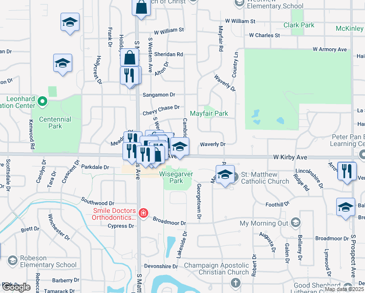 map of restaurants, bars, coffee shops, grocery stores, and more near 1503 Cambridge Drive in Champaign