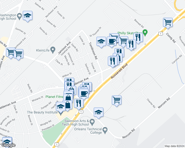 map of restaurants, bars, coffee shops, grocery stores, and more near 10406 Haldeman Avenue in Philadelphia
