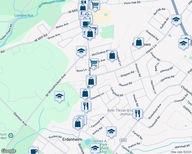map of restaurants, bars, coffee shops, grocery stores, and more near 11 Haws Lane in Flourtown