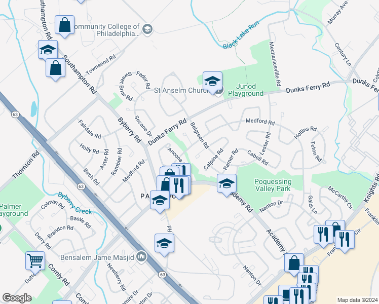 map of restaurants, bars, coffee shops, grocery stores, and more near 12503 Medford Road in Philadelphia