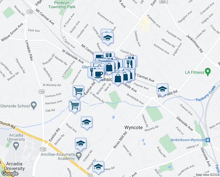 map of restaurants, bars, coffee shops, grocery stores, and more near 131 New Street in Glenside