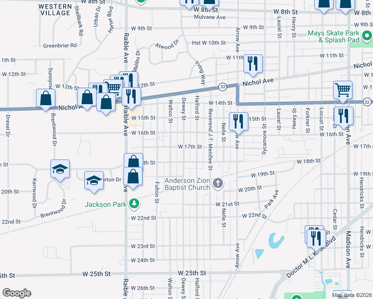 map of restaurants, bars, coffee shops, grocery stores, and more near 1704 Dewey Street in Anderson