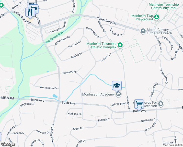 map of restaurants, bars, coffee shops, grocery stores, and more near 2461 Raleigh Drive in Lancaster
