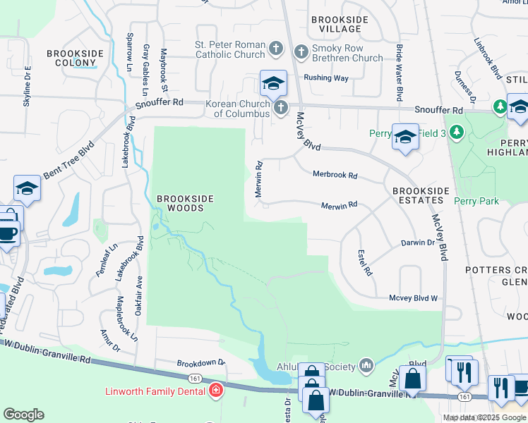 map of restaurants, bars, coffee shops, grocery stores, and more near 6673 Merwin Road in Columbus