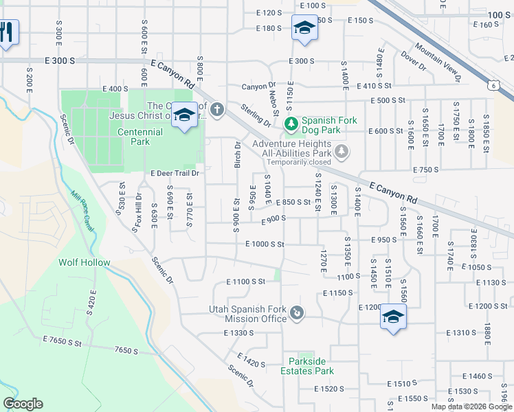 map of restaurants, bars, coffee shops, grocery stores, and more near 822 South 950 East in Spanish Fork
