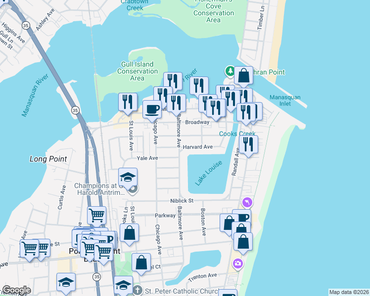 map of restaurants, bars, coffee shops, grocery stores, and more near 110 Sanborn Avenue in Point Pleasant Beach