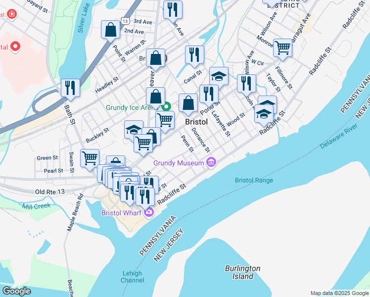 map of restaurants, bars, coffee shops, grocery stores, and more near 340 Penn Street in Bristol