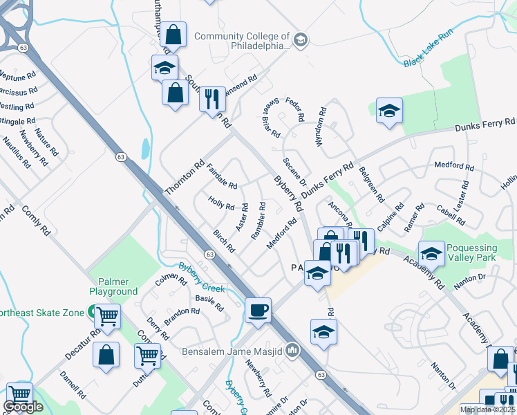 map of restaurants, bars, coffee shops, grocery stores, and more near 12226 Rambler Road in Philadelphia