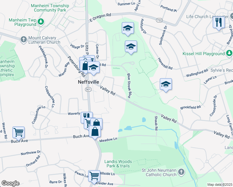 map of restaurants, bars, coffee shops, grocery stores, and more near 73 Valley Road in Lancaster
