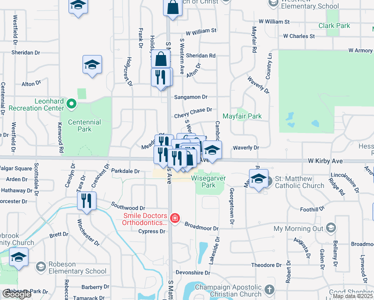 map of restaurants, bars, coffee shops, grocery stores, and more near 1704 Princeton Drive in Champaign
