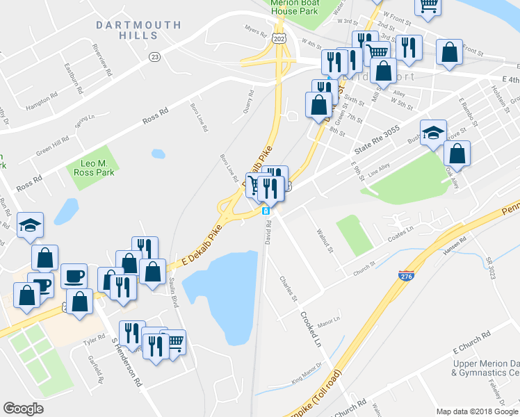 map of restaurants, bars, coffee shops, grocery stores, and more near 1160 DeKalb Street in King of Prussia