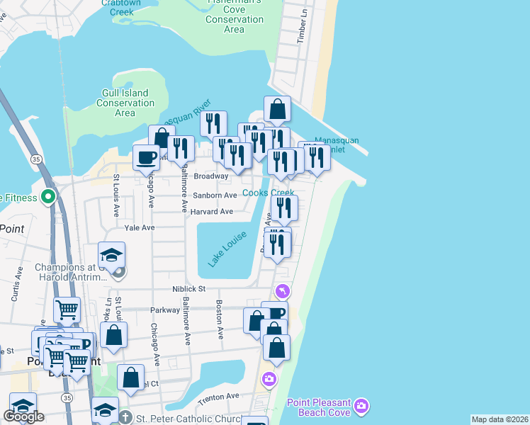 map of restaurants, bars, coffee shops, grocery stores, and more near 112 Randall Avenue in Point Pleasant Beach
