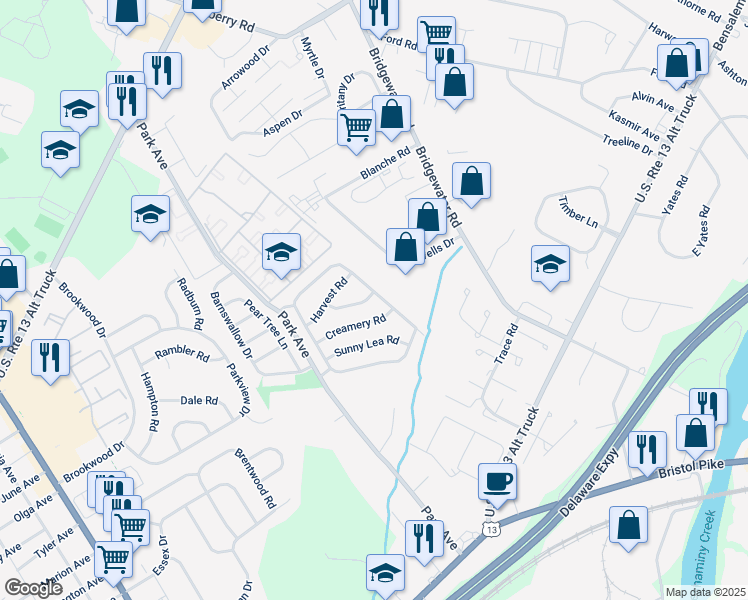map of restaurants, bars, coffee shops, grocery stores, and more near 3641 Valley Meadow Drive in Bucks County