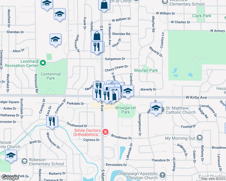 map of restaurants, bars, coffee shops, grocery stores, and more near 1704 Princeton Drive in Champaign