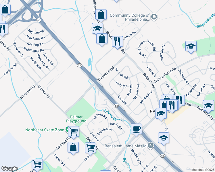 map of restaurants, bars, coffee shops, grocery stores, and more near 3118 Birch Road in Philadelphia