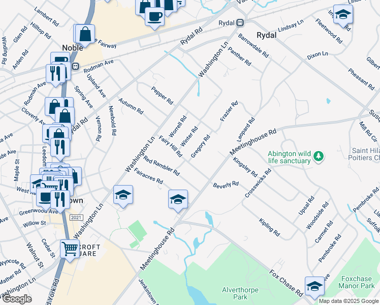 map of restaurants, bars, coffee shops, grocery stores, and more near 814 Gregory Road in Jenkintown