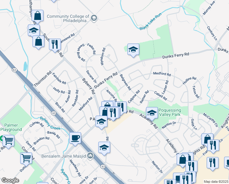 map of restaurants, bars, coffee shops, grocery stores, and more near 12424 Medford Road in Philadelphia
