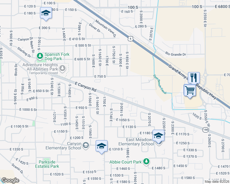 map of restaurants, bars, coffee shops, grocery stores, and more near 823 South 1760 East in Spanish Fork