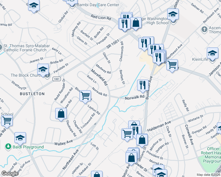 map of restaurants, bars, coffee shops, grocery stores, and more near 1173 Morefield Road in Philadelphia