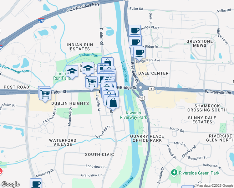 map of restaurants, bars, coffee shops, grocery stores, and more near 37 South Riverview Street in Dublin