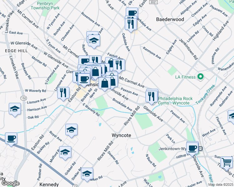 map of restaurants, bars, coffee shops, grocery stores, and more near 220 East Glenside Avenue in Glenside