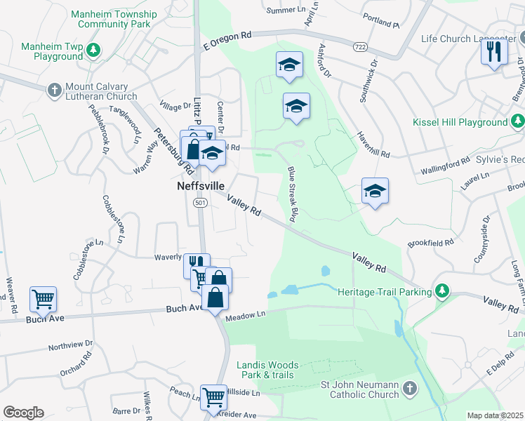 map of restaurants, bars, coffee shops, grocery stores, and more near 97 Valley Road in Lancaster