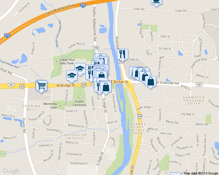 map of restaurants, bars, coffee shops, grocery stores, and more near 37 South Riverview Street in Dublin
