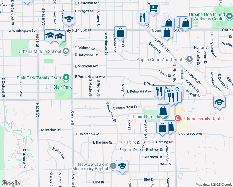 map of restaurants, bars, coffee shops, grocery stores, and more near 1602 South Anderson Street in Urbana