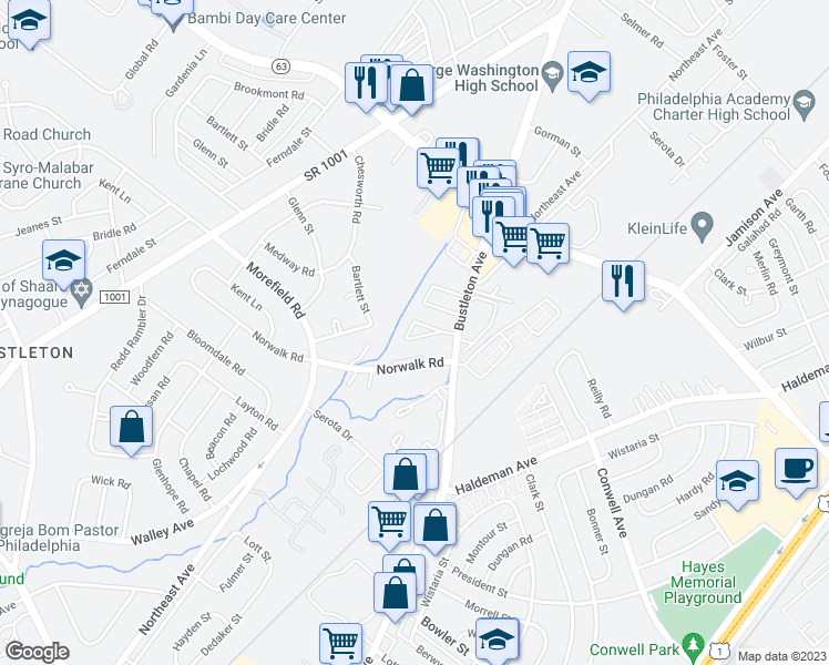 map of restaurants, bars, coffee shops, grocery stores, and more near 9906 Bustleton Avenue in Philadelphia