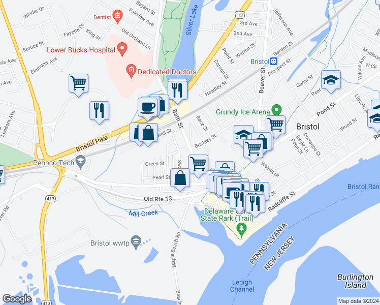 map of restaurants, bars, coffee shops, grocery stores, and more near 582 Bath Street in Bristol