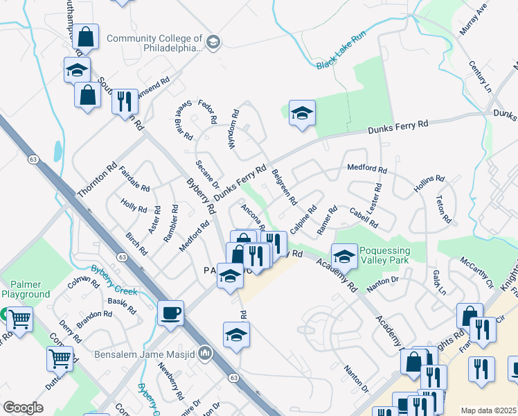 map of restaurants, bars, coffee shops, grocery stores, and more near 12424 Medford Road in Philadelphia